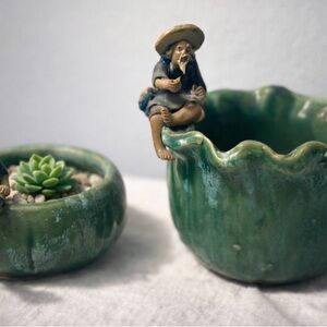 Green Ceramic Planter with Figurine by
